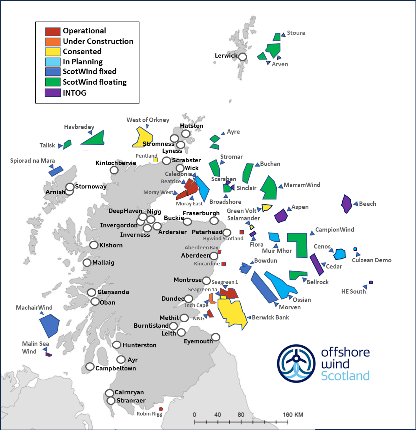 Map of Scotland showing offshore wind projects and port locations