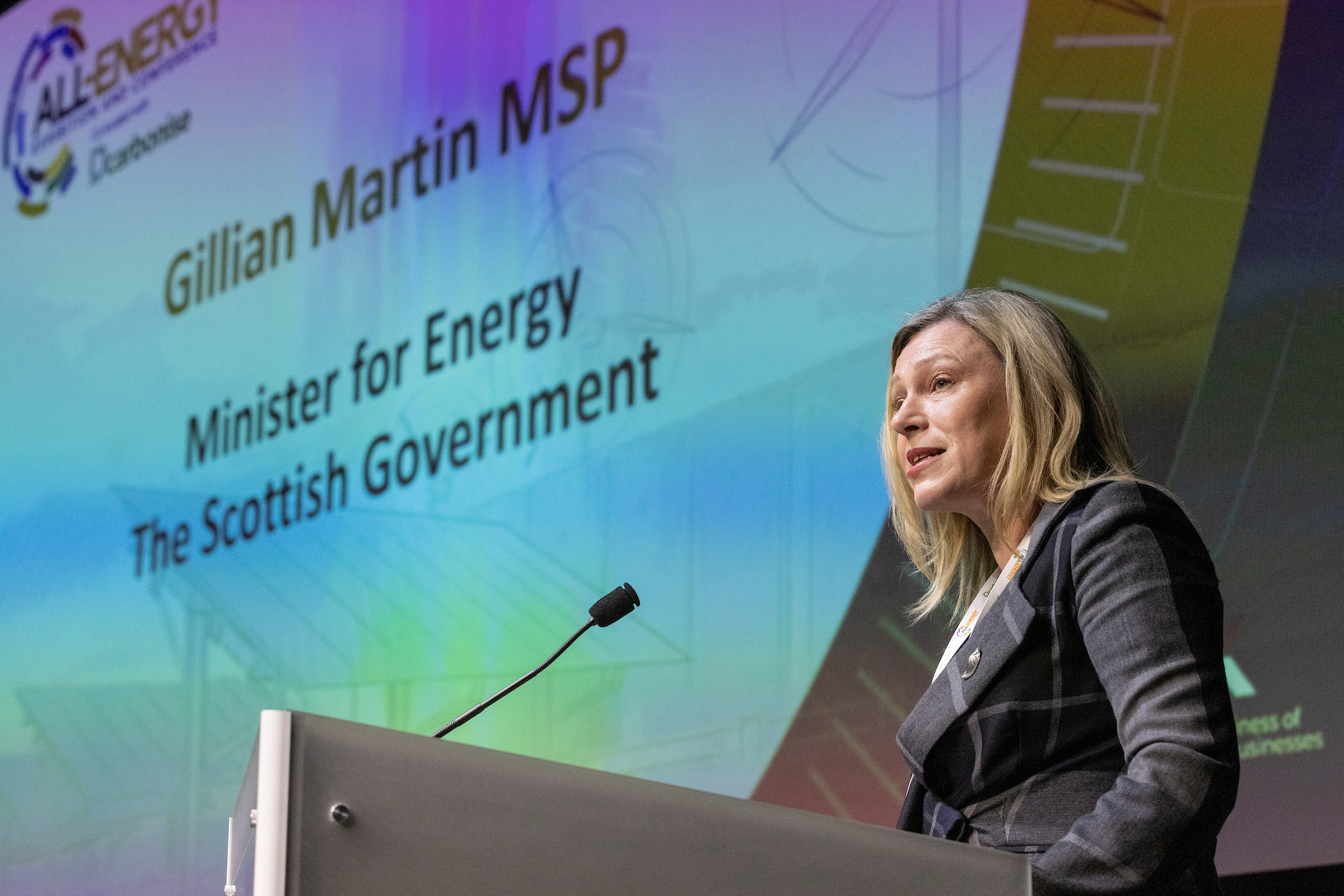 Gillian Martin MSP, (Acting Minister for Climate Action), speaking at All Energy Conference, Glasgow 11 May 2023” credit: All Energy 2023